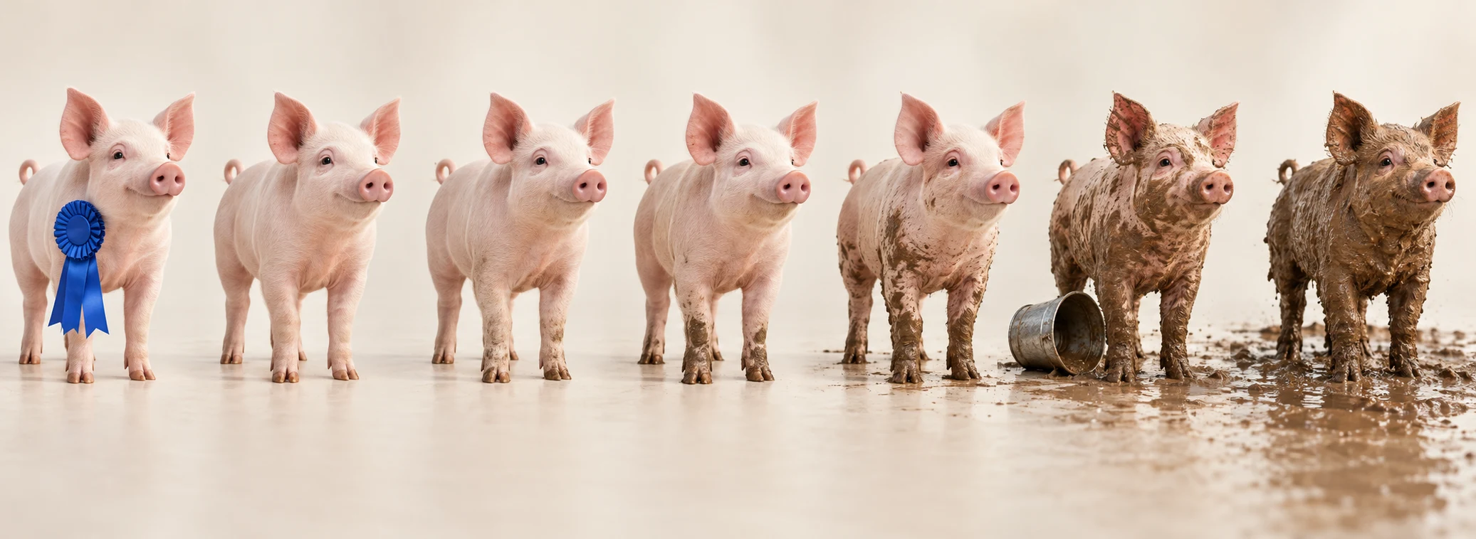 Seven pigs progress from clean to muddy; selected score 4 of7